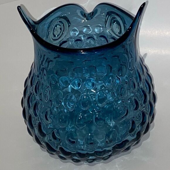 Blue Murano Hand Blown Thumbprint Art Glass Great Horned Glass Owl Vase Figurine - Picture 4 of 12